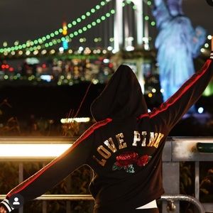 Pink Victorias Secret Rose Sequin Hoodie. Front is lace up.